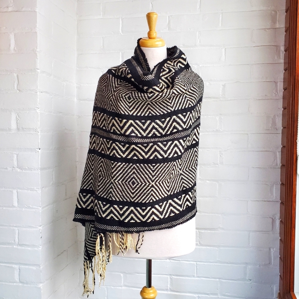 NYC Underground Scarf Shawl Wrap Wide Heavy Scarf Black Cream with Fringe